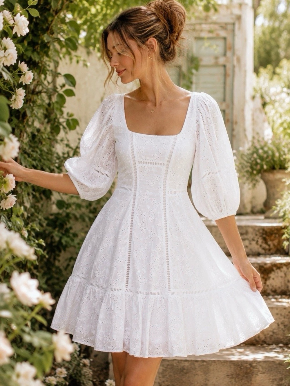 Jonathan Simkhai White Eyelet Puff Sleeve Cottagecore Mini Dress Size 2